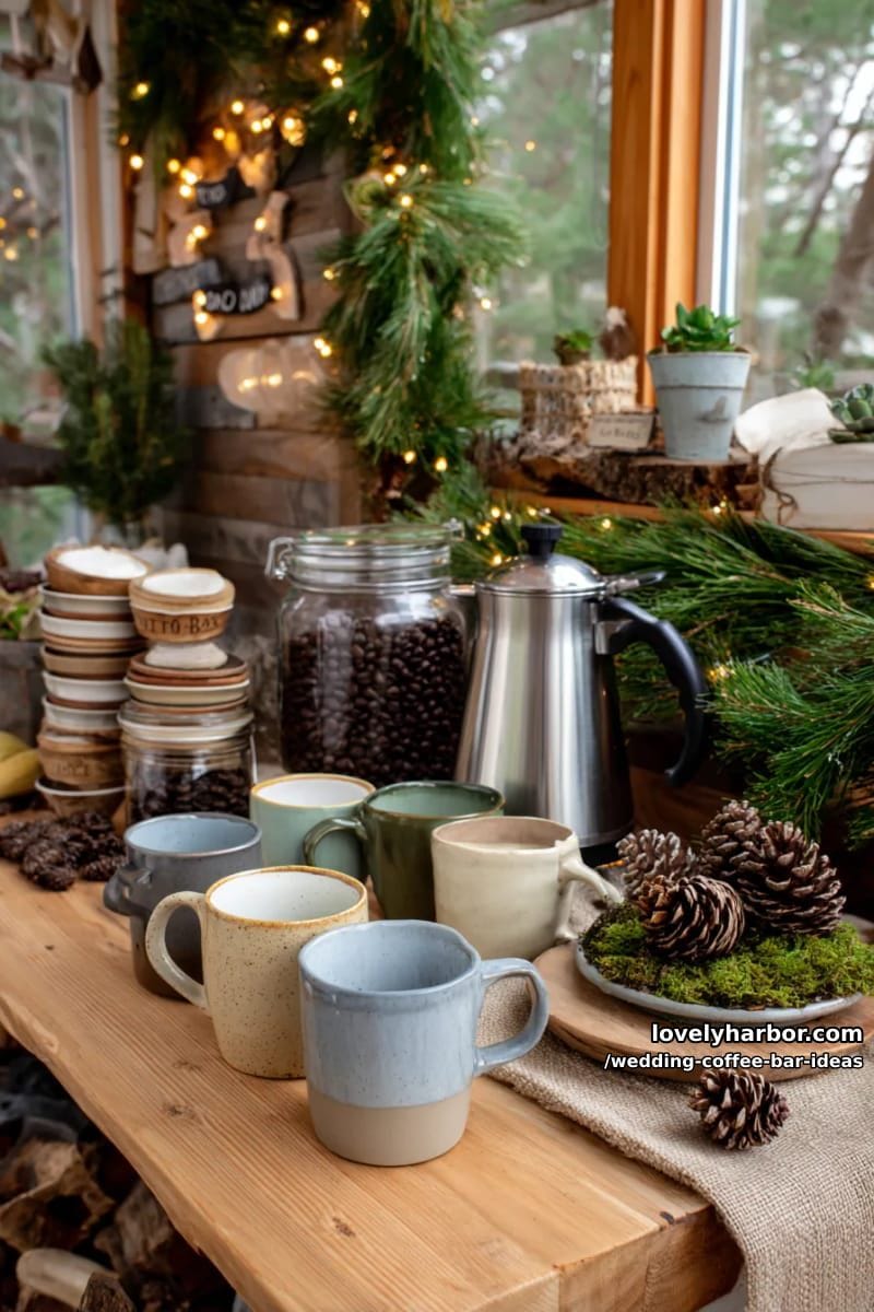 cozy woodland-inspired coffee nook with pinecones and mossy décor 1