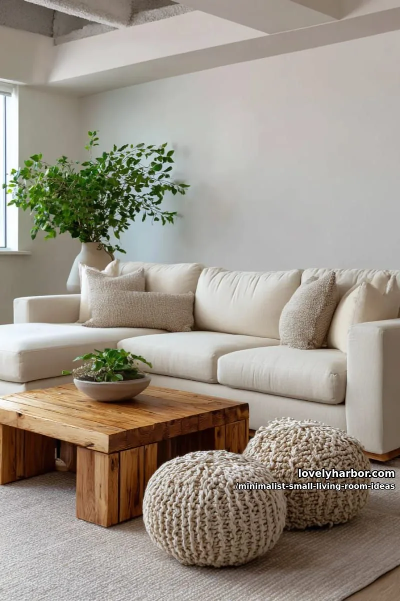 cream-toned sectional sofa paired with textured beige poufs and low wood table 1