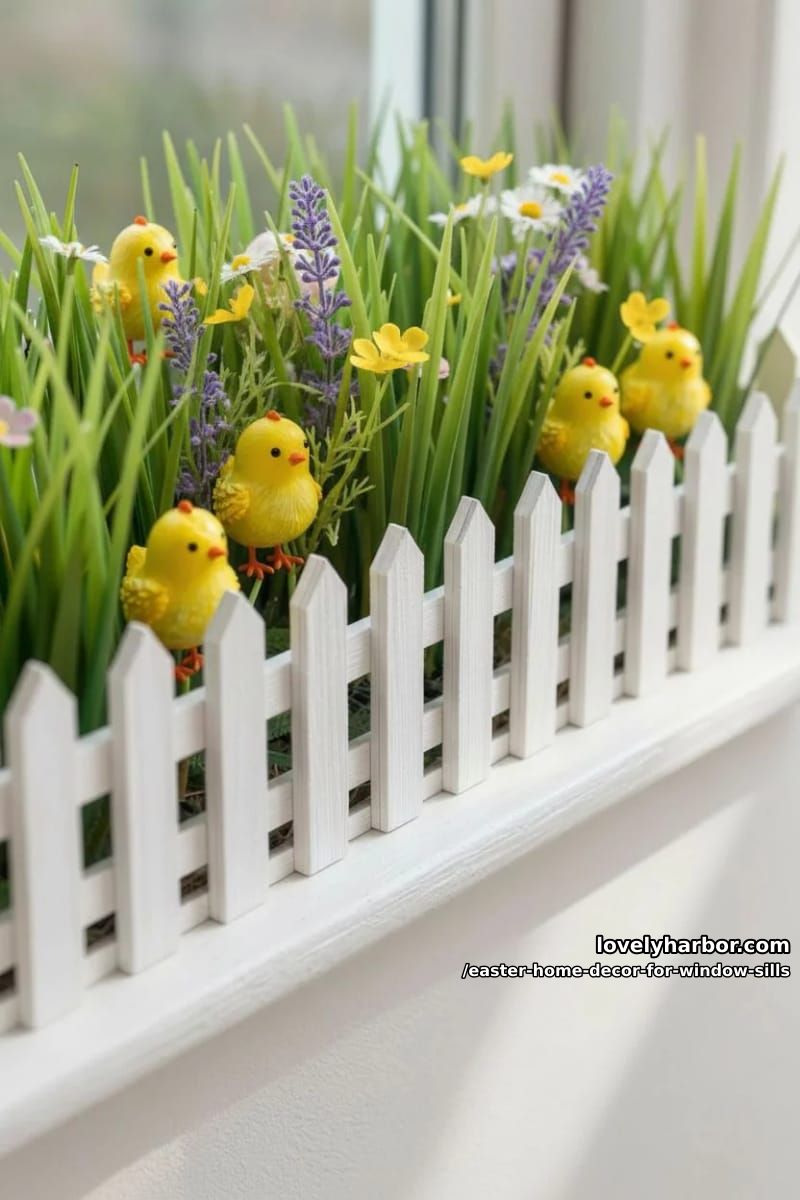 create a mini picket fence scene with wooden chicks and faux grass. 1