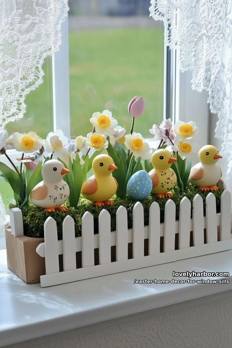 create a mini picket fence scene with wooden chicks and faux grass. 1