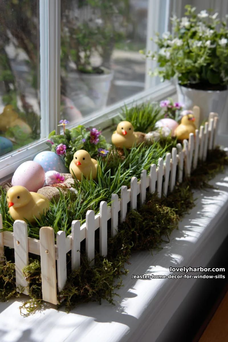 create a mini picket fence scene with wooden chicks and faux grass. 1
