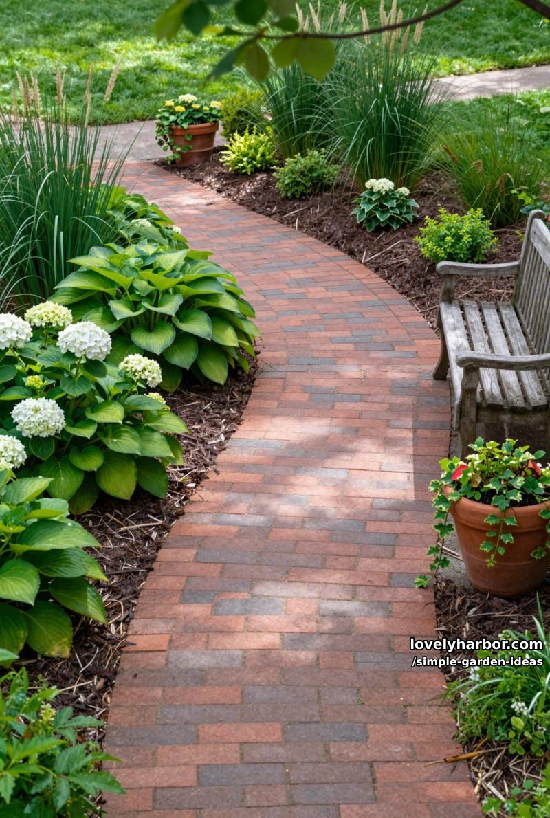 curved brick pathway through mulched planting beds and grassy lawn 1