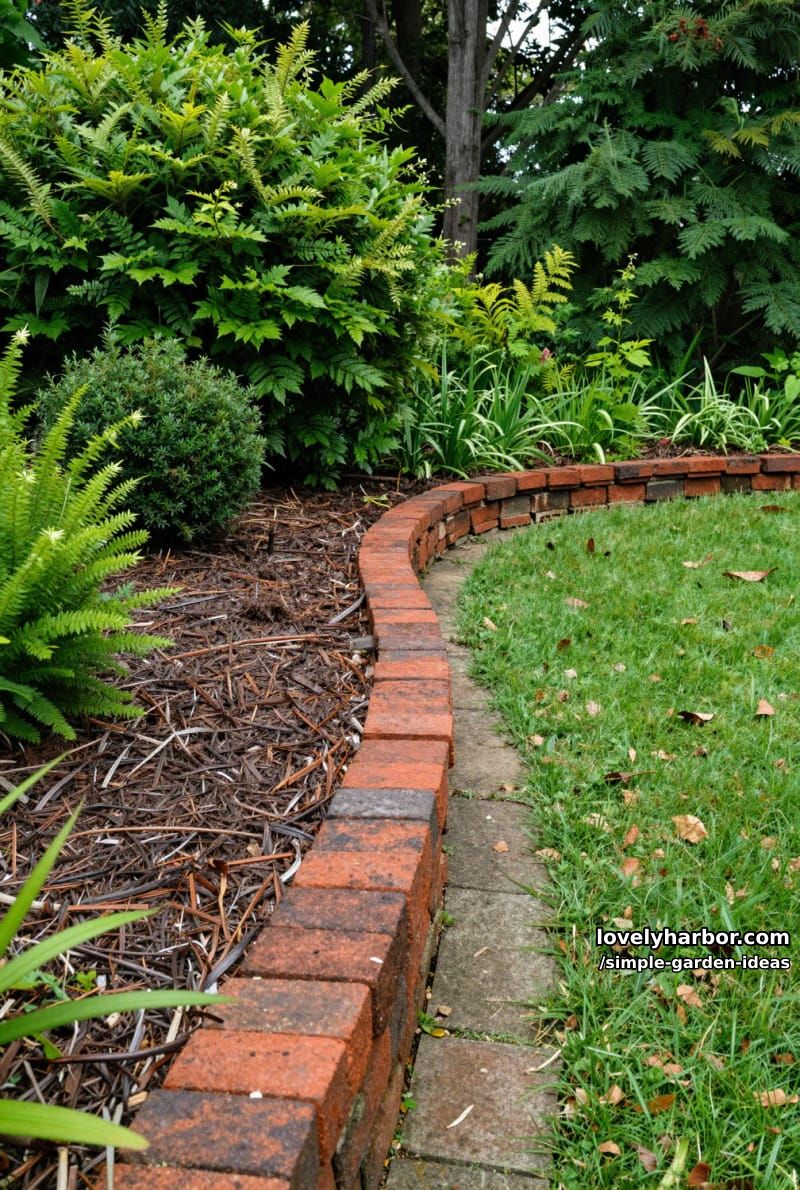 curved brick pathway through mulched planting beds and grassy lawn 1
