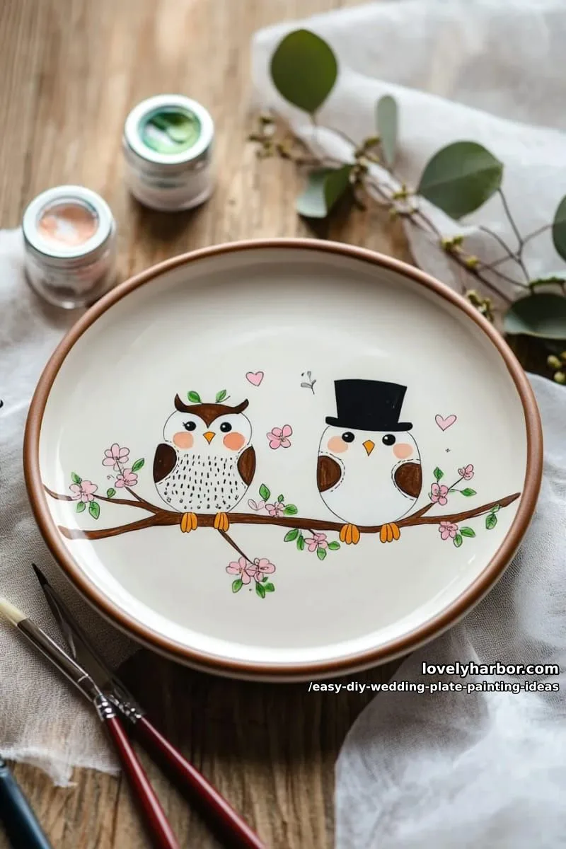 cute cartoon owls dressed as bride and groom sitting on a branch 1