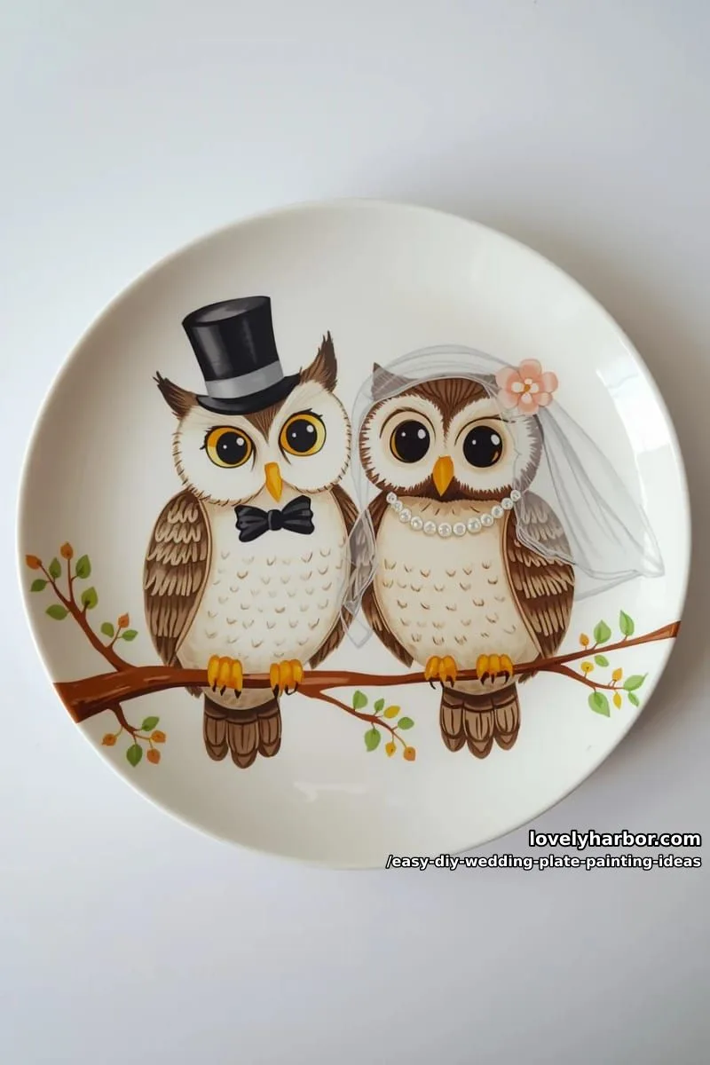 cute cartoon owls dressed as bride and groom sitting on a branch 1
