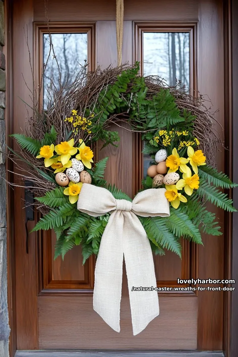 daffodil and fern wreath with a natural linen bow for a woodland touch 1