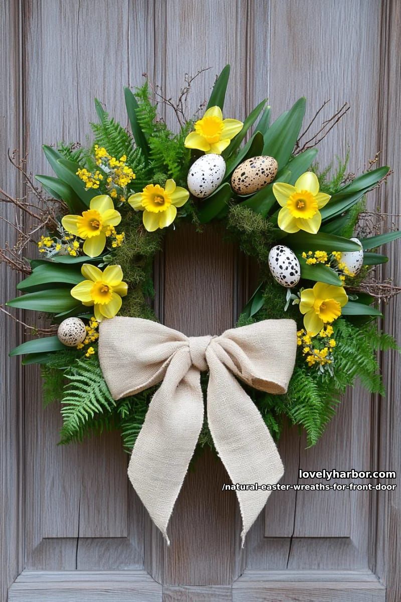 daffodil and fern wreath with a natural linen bow for a woodland touch 1
