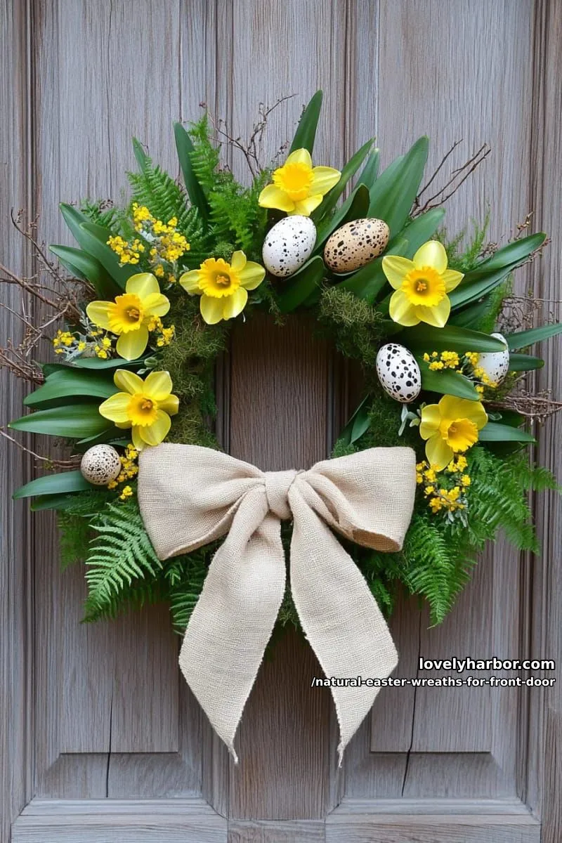 daffodil and fern wreath with a natural linen bow for a woodland touch 1