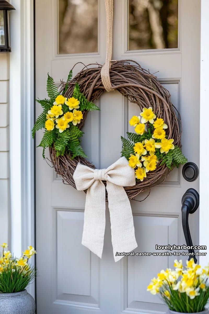 daffodil and fern wreath with a natural linen bow for a woodland touch 1