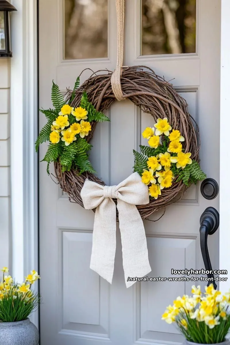 daffodil and fern wreath with a natural linen bow for a woodland touch 1