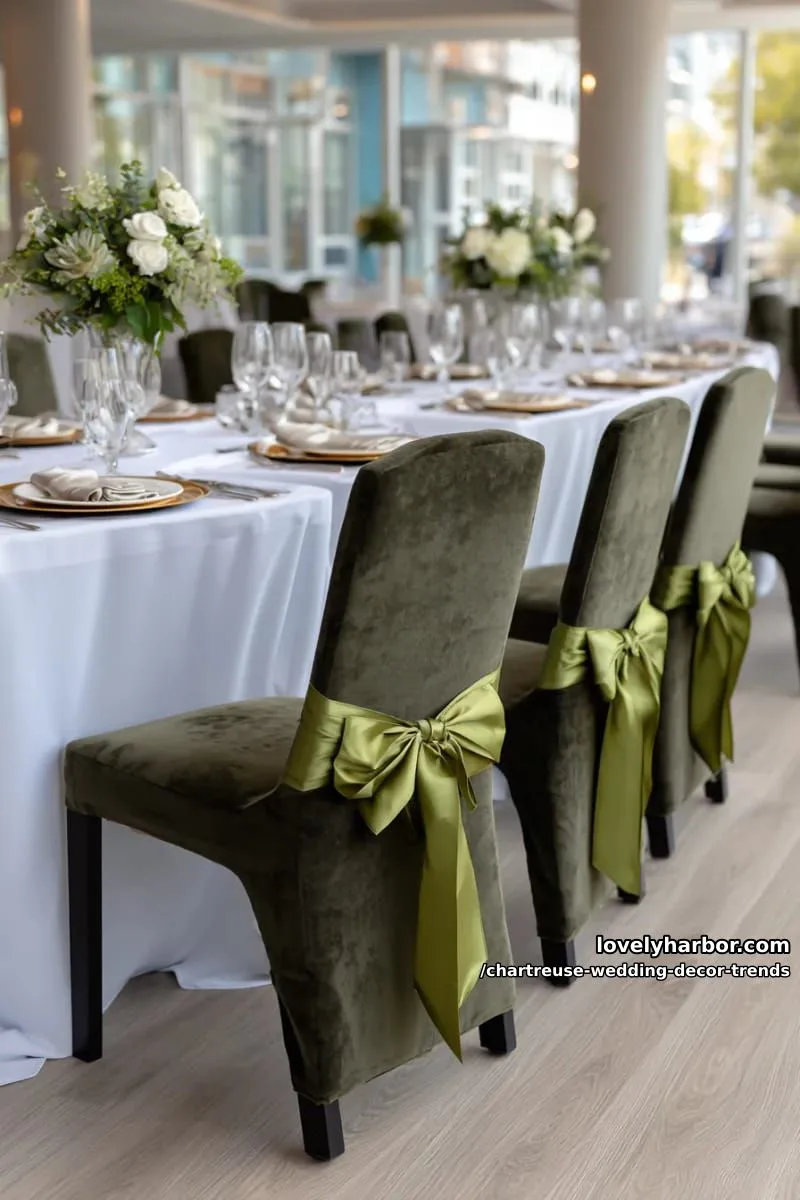 15 Chartreuse Wedding Decor Trends You Should Try 17 dark green velvet chairs offset by chartreuse satin ribbons 1