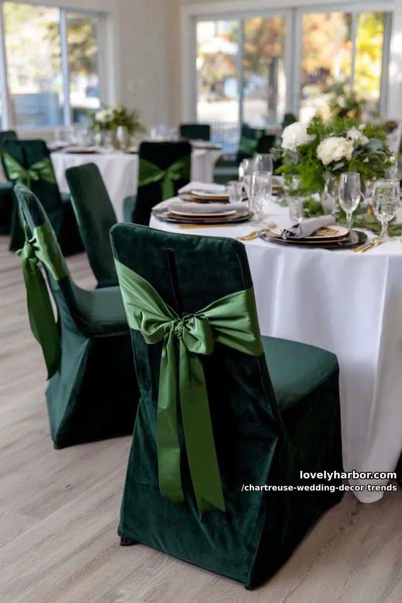 15 Chartreuse Wedding Decor Trends You Should Try 18 dark green velvet chairs offset by chartreuse satin ribbons 1