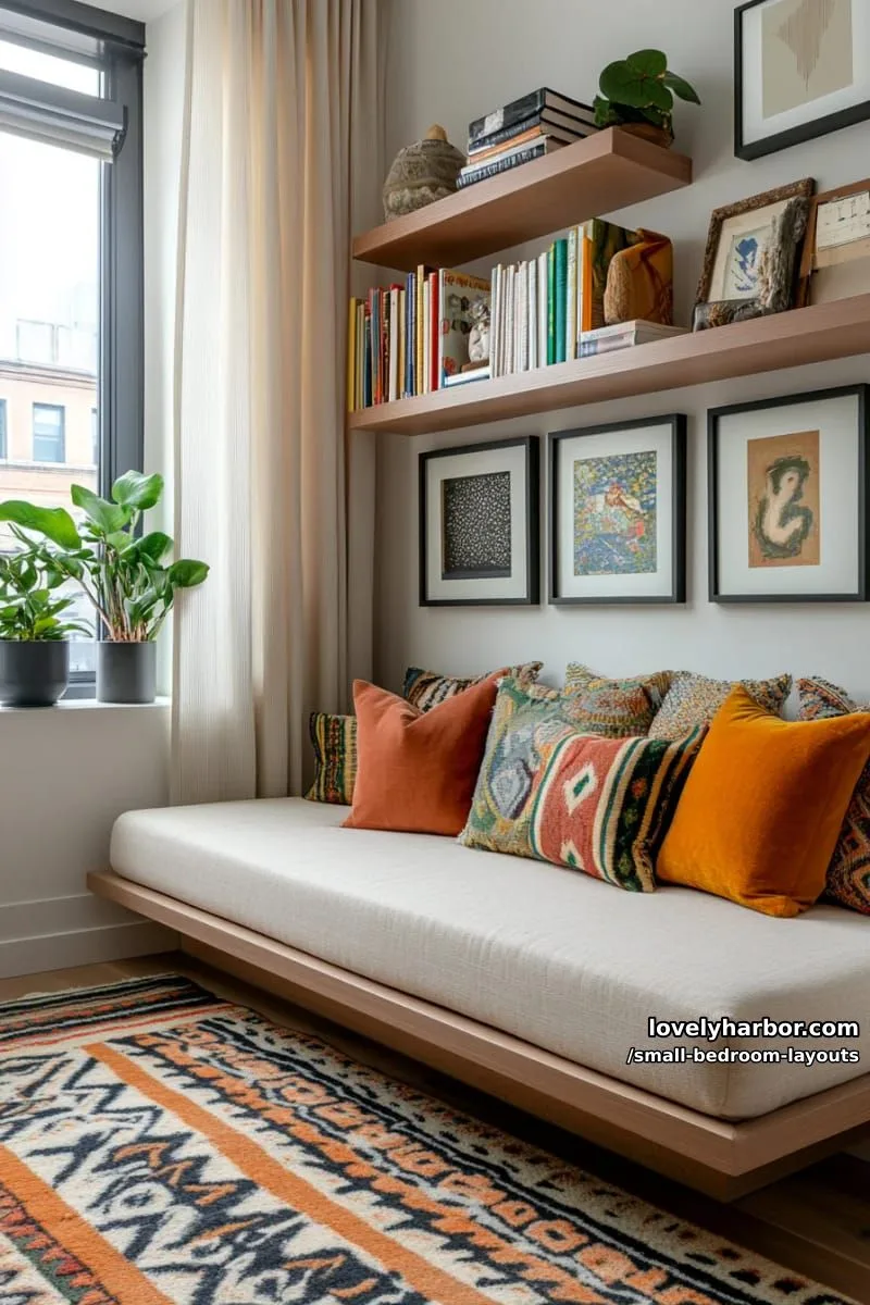 daybed against gallery wall with above-bed floating shelves 1
