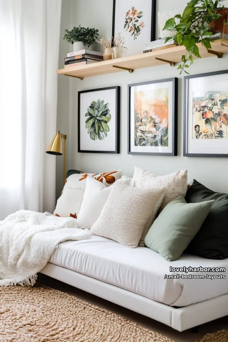 daybed against gallery wall with above-bed floating shelves 1