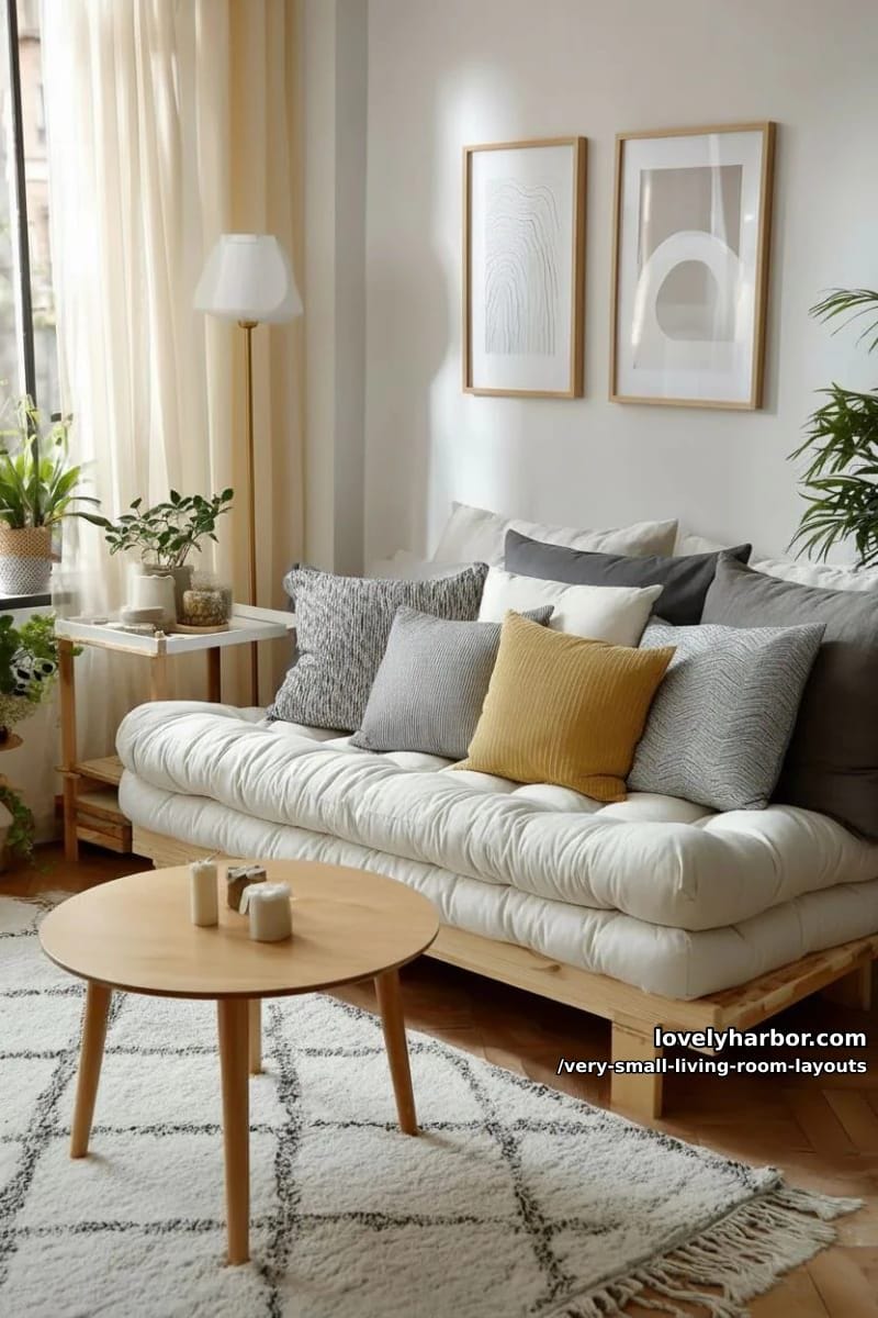 daybed with layered cushions doubling as sofa and guest bed 1