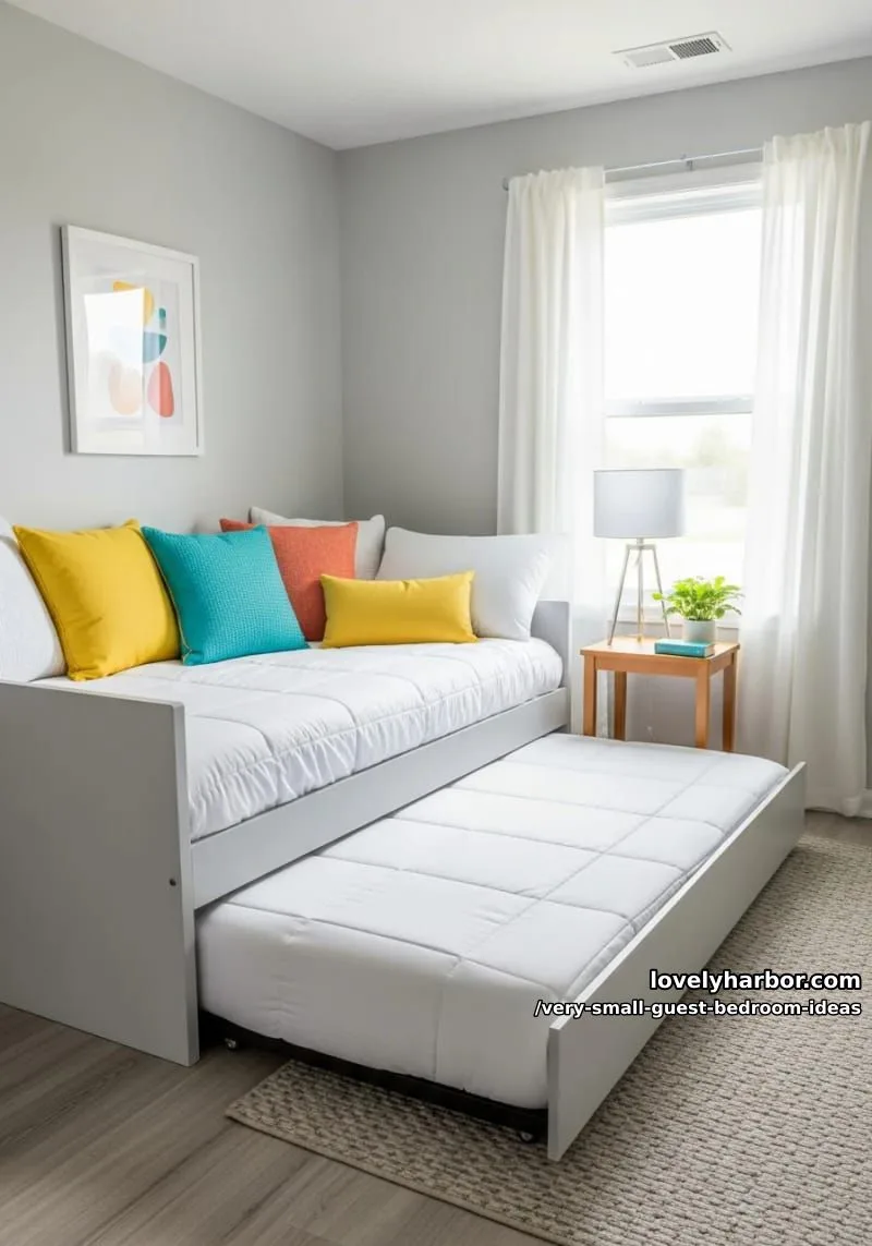 19 Very Small Guest Bedroom Ideas For A Welcoming Retreat 13 daybed with trundle and bright accent cushions for flexible sleeping 1