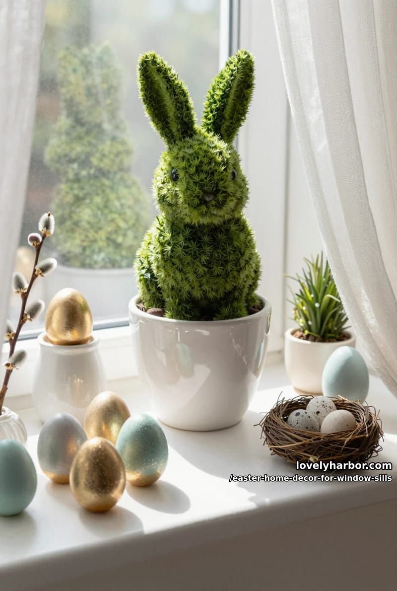 decorate with bunny-shaped topiaries beside gold-dipped egg arrangements. 1