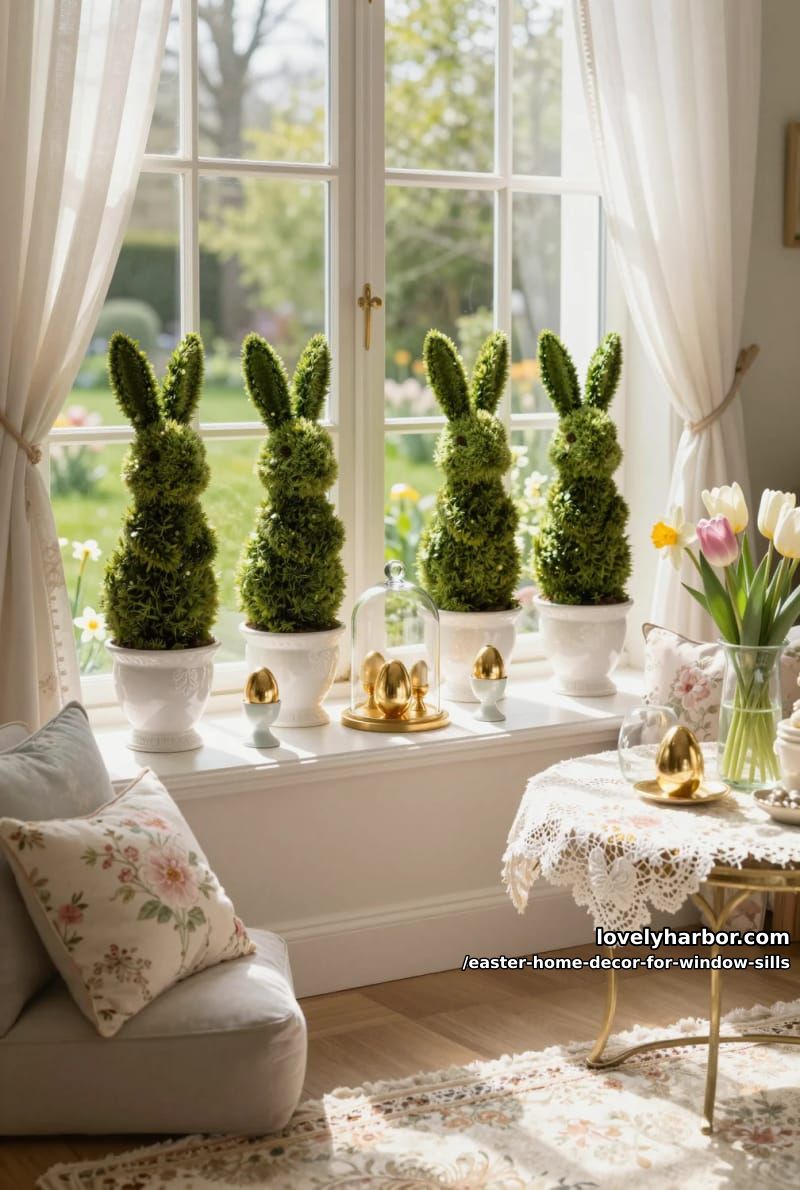 decorate with bunny-shaped topiaries beside gold-dipped egg arrangements. 1