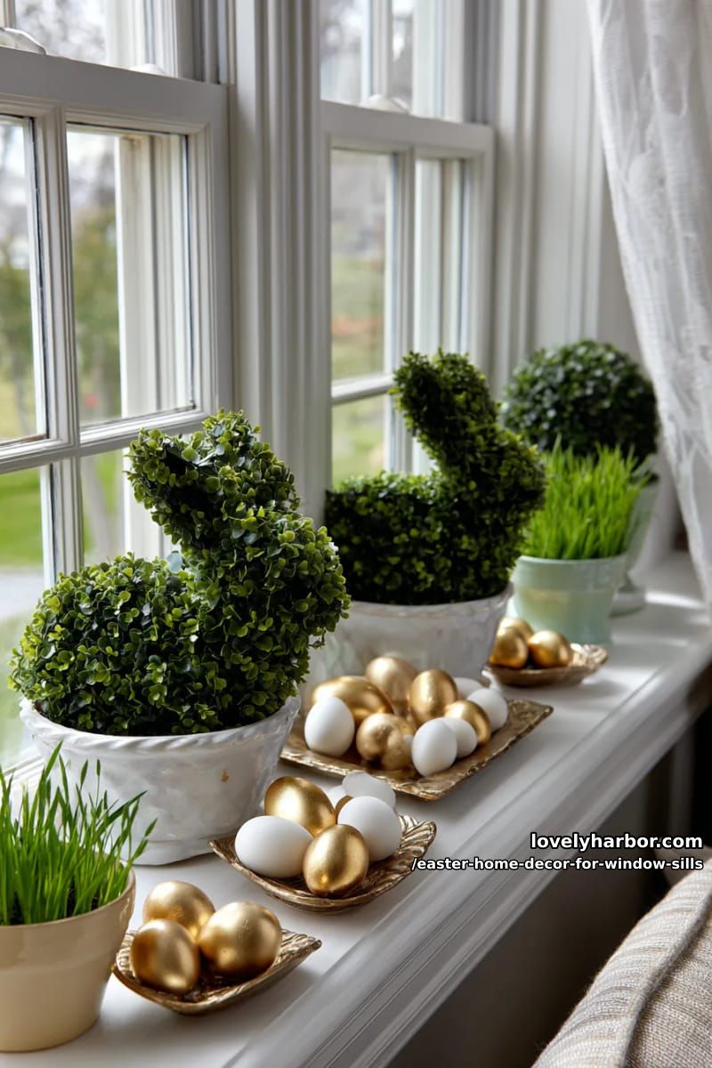 decorate with bunny-shaped topiaries beside gold-dipped egg arrangements. 1