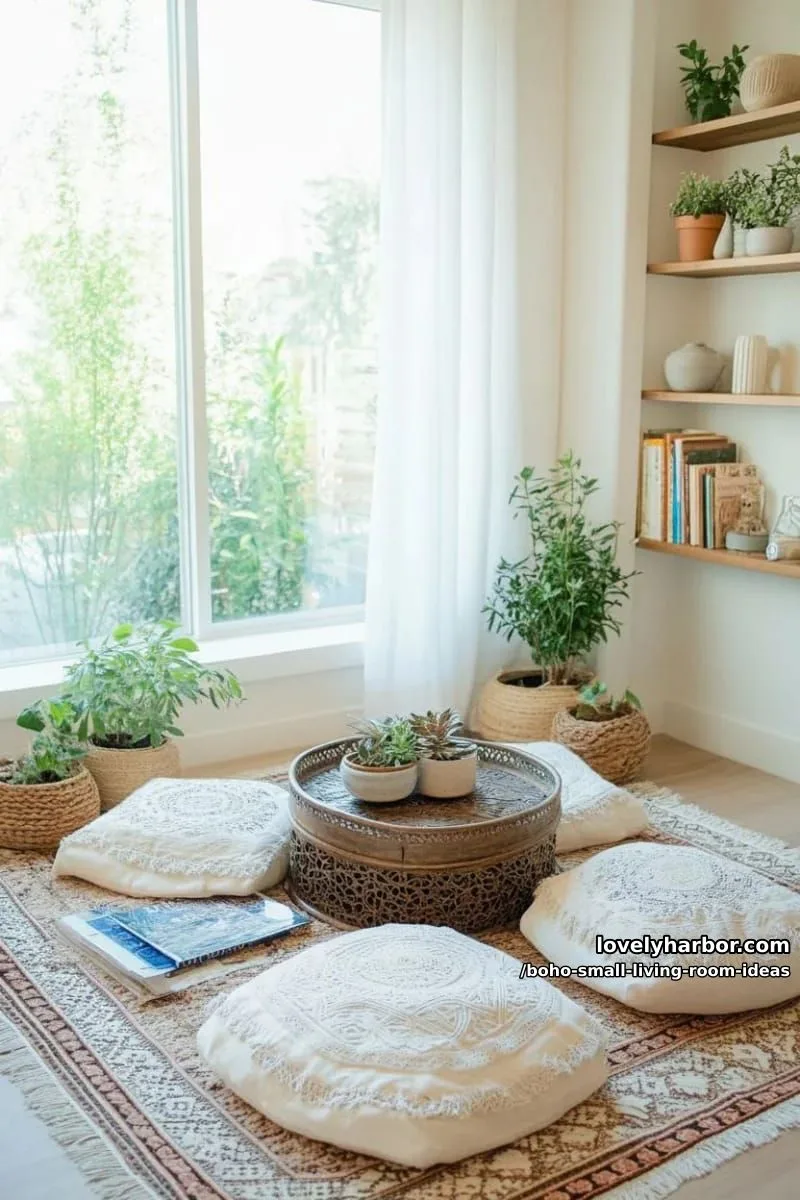 15 Boho Small Living Rooms Ideas That Turn Tiny Spaces Into Cozy Sanctuaries 28 decorate with oversized floor cushions and a small moroccan tray table. 1