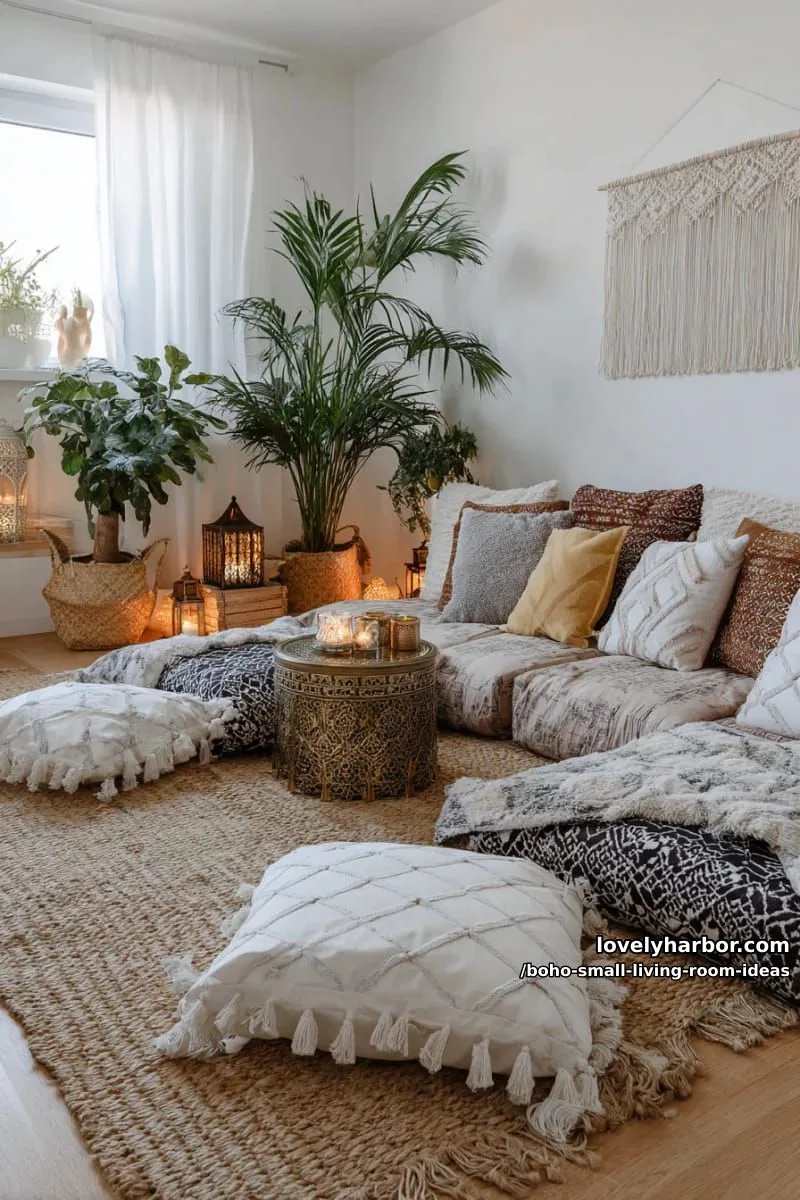 15 Boho Small Living Rooms Ideas That Turn Tiny Spaces Into Cozy Sanctuaries 30 decorate with oversized floor cushions and a small moroccan tray table. 1