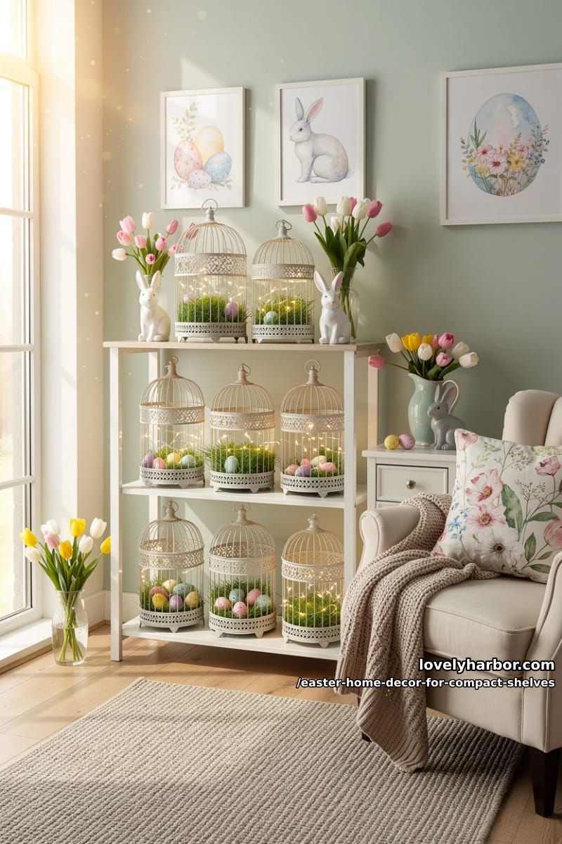 decorative birdcages filled with fairy lights and easter grass 1