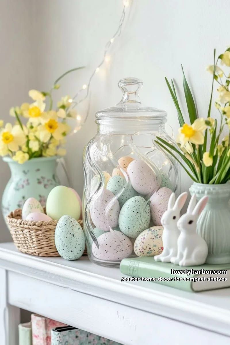 decorative glass jar filled with speckled easter eggs 1