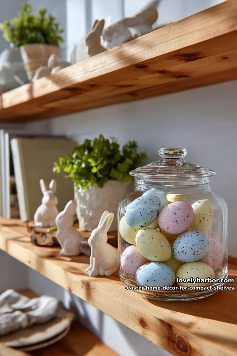 decorative glass jar filled with speckled easter eggs 1