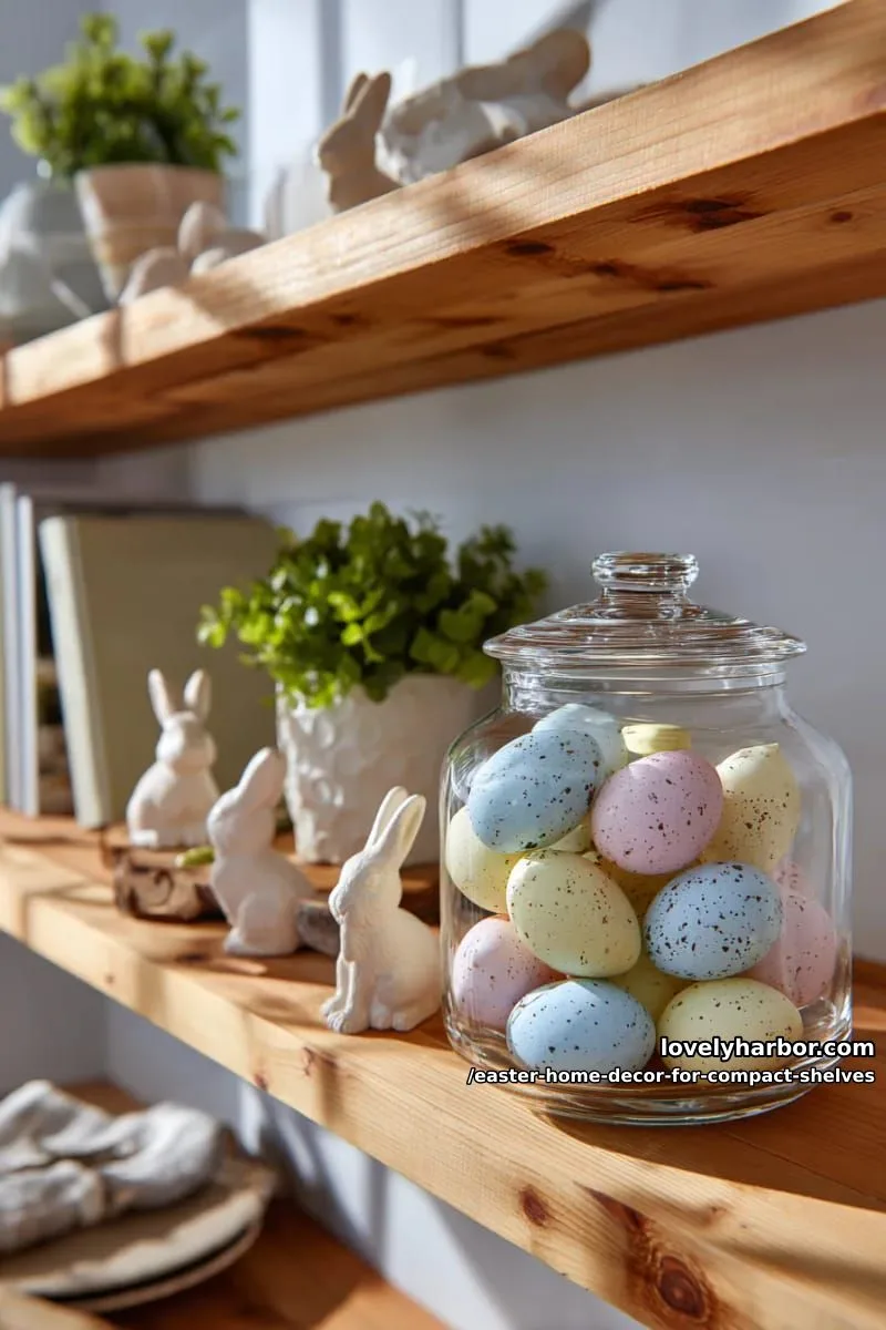 decorative glass jar filled with speckled easter eggs 1