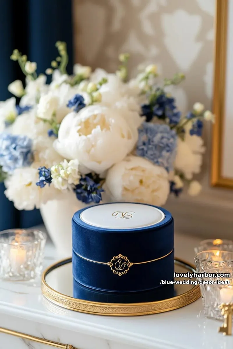 deep blue velvet ring box with gold monogram detail 1