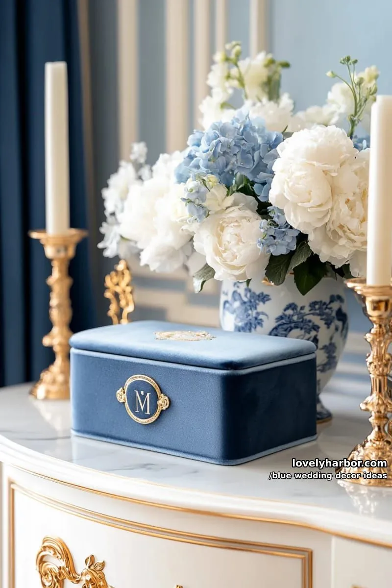 deep blue velvet ring box with gold monogram detail 1