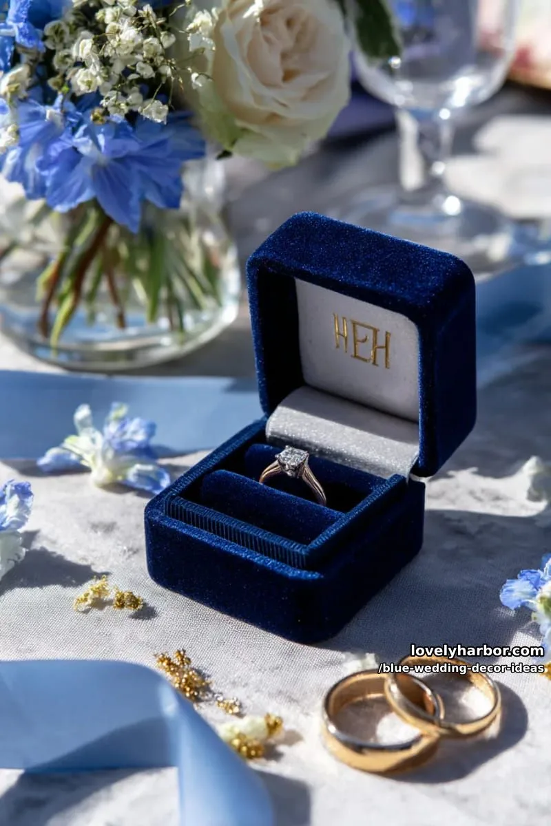 deep blue velvet ring box with gold monogram detail 1