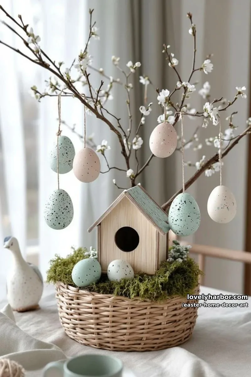 delicate birdhouse and egg tree arrangement in a rustic woven basket 1