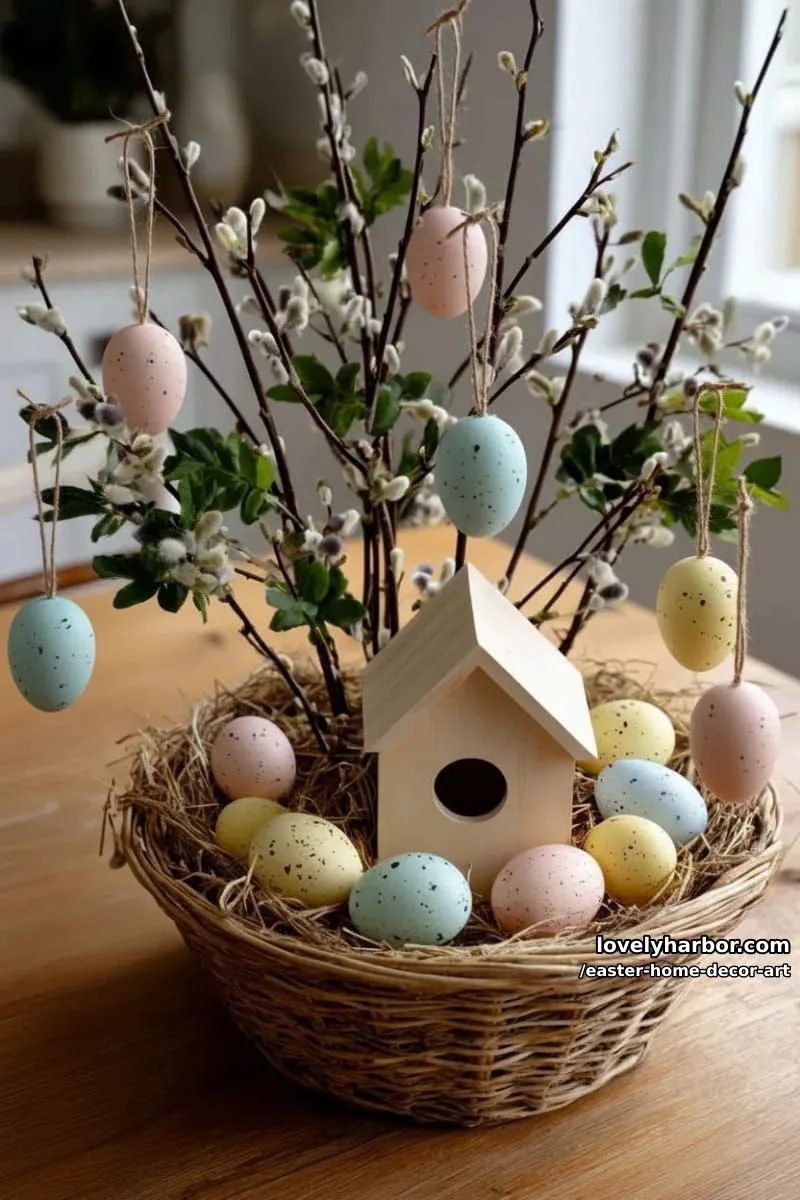 delicate birdhouse and egg tree arrangement in a rustic woven basket 1