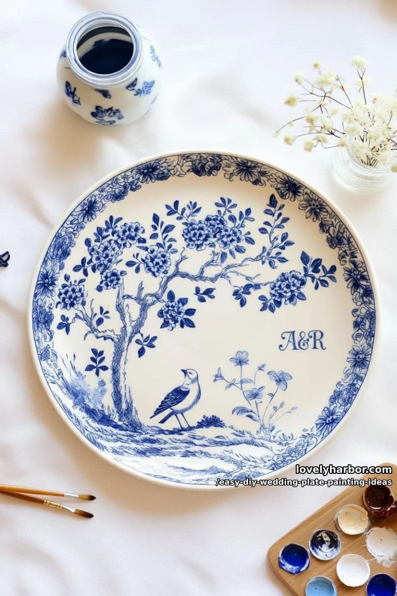 delicate blue and white chinoiserie pattern with hidden initials 1