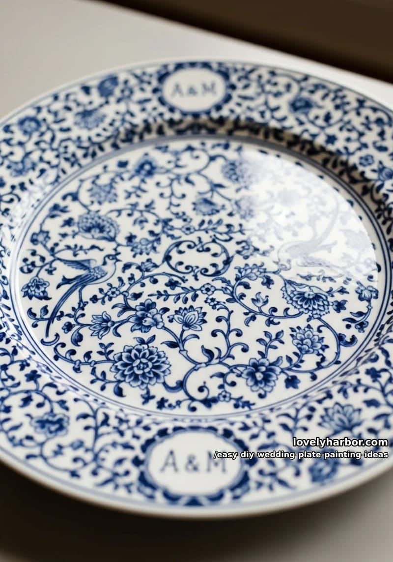 delicate blue and white chinoiserie pattern with hidden initials 1