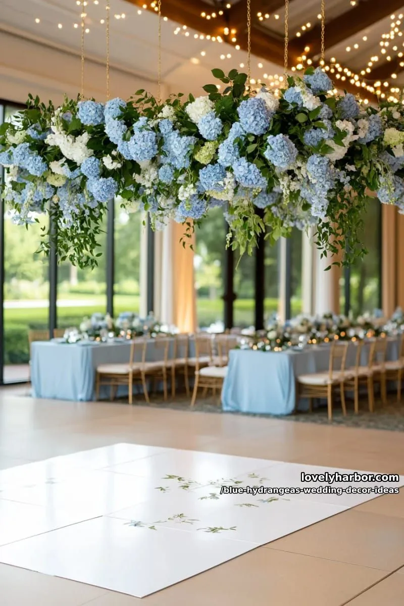 delicate hanging blue hydrangea stems above reception dance floor 1