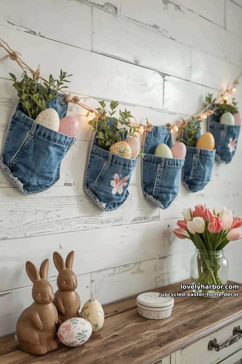 15 Upcycled Easter Home Decor That Give Old Treasures New Life 12 denim pocket egg pouches hung as festive banner 1