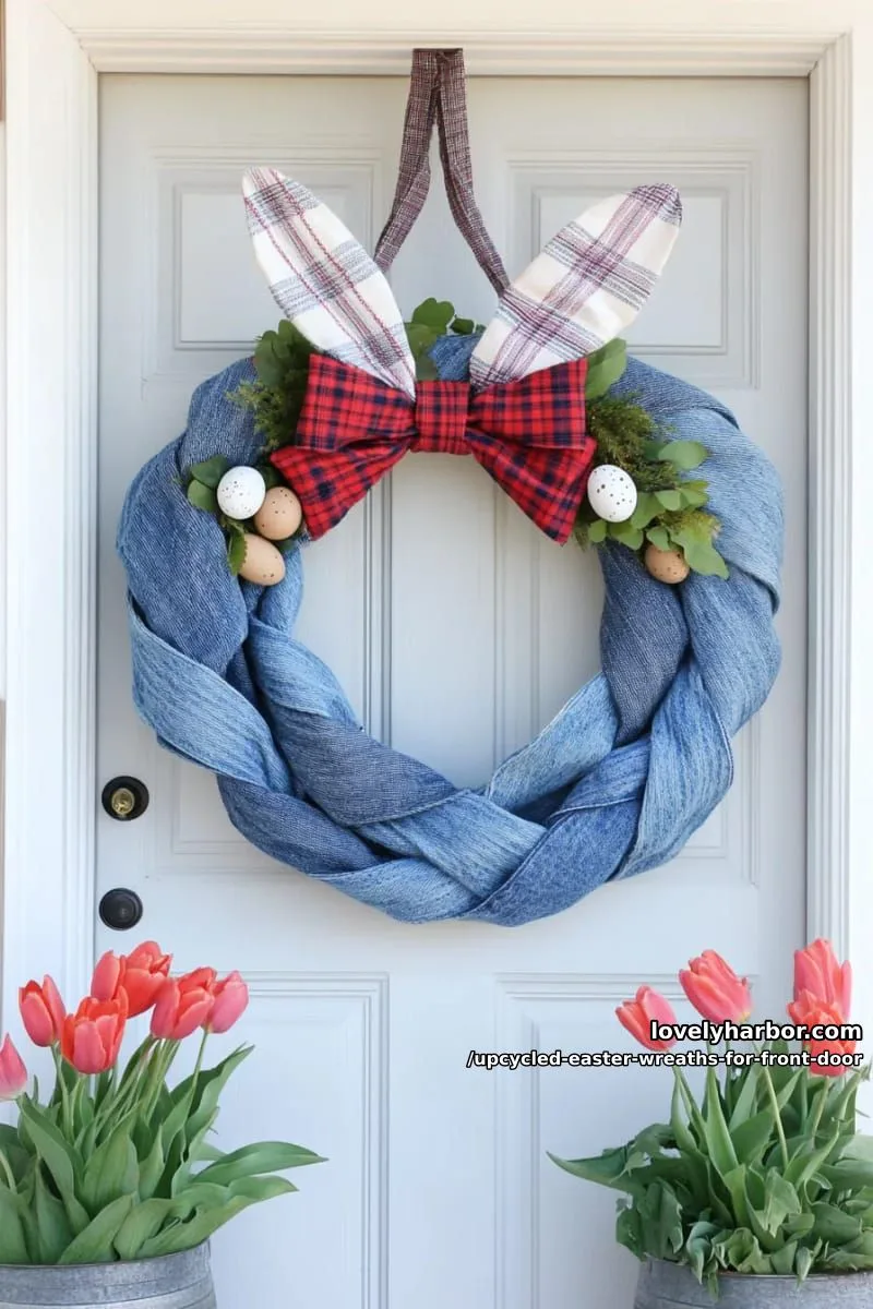 15 Upcycled Easter Wreaths For Front Door That Bring Colorful Spring Vibes 18 denim wreath with bunny ears sewn from old jeans and plaid shirts 1