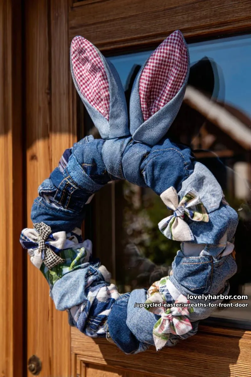15 Upcycled Easter Wreaths For Front Door That Bring Colorful Spring Vibes 19 denim wreath with bunny ears sewn from old jeans and plaid shirts 1
