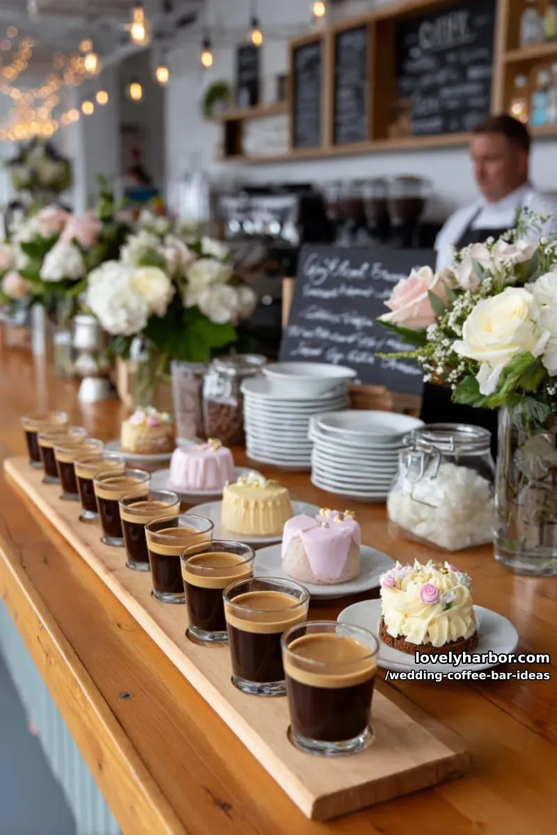 dessert pairing bar: coffee flights matched with mini wedding cakes 1