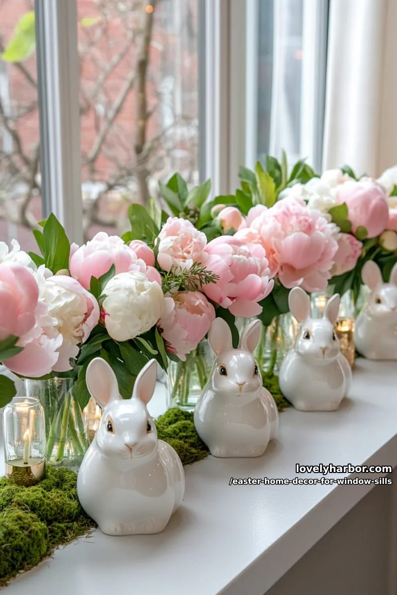display a row of white ceramic rabbits with blush pink peonies. 1