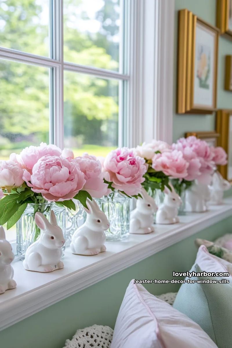 display a row of white ceramic rabbits with blush pink peonies. 1