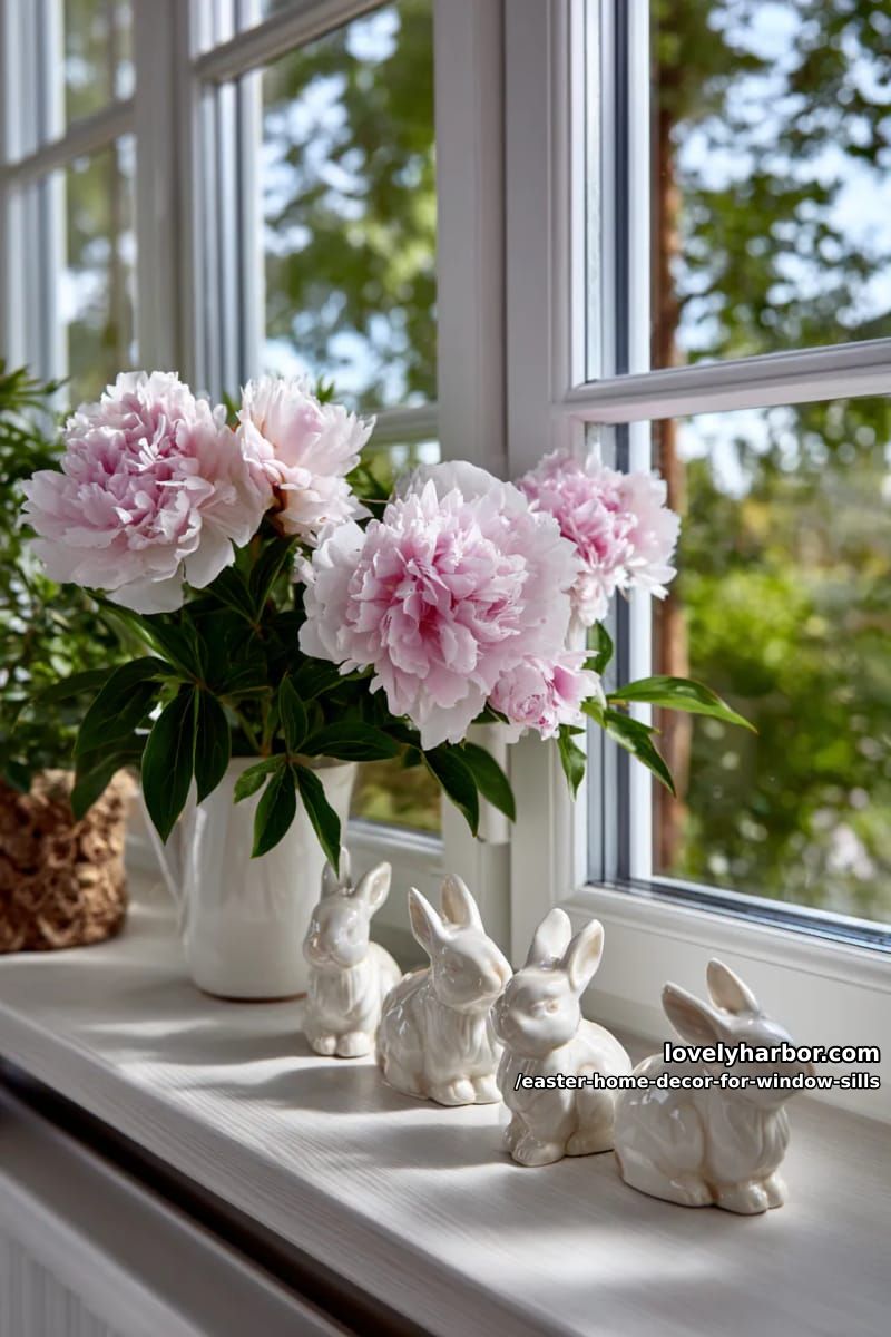 display a row of white ceramic rabbits with blush pink peonies. 1