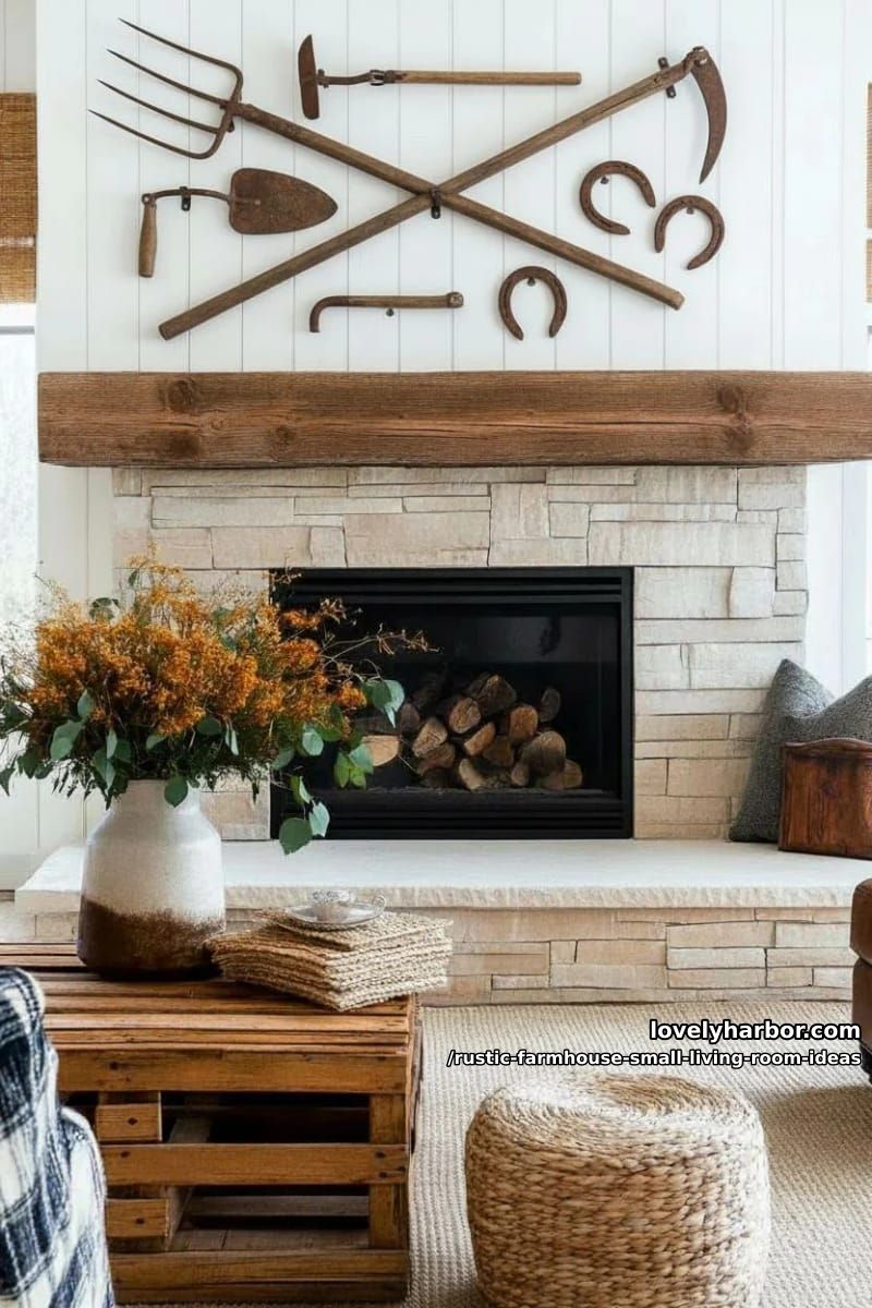 display antique farm tools as sculptural art above the mantel 1