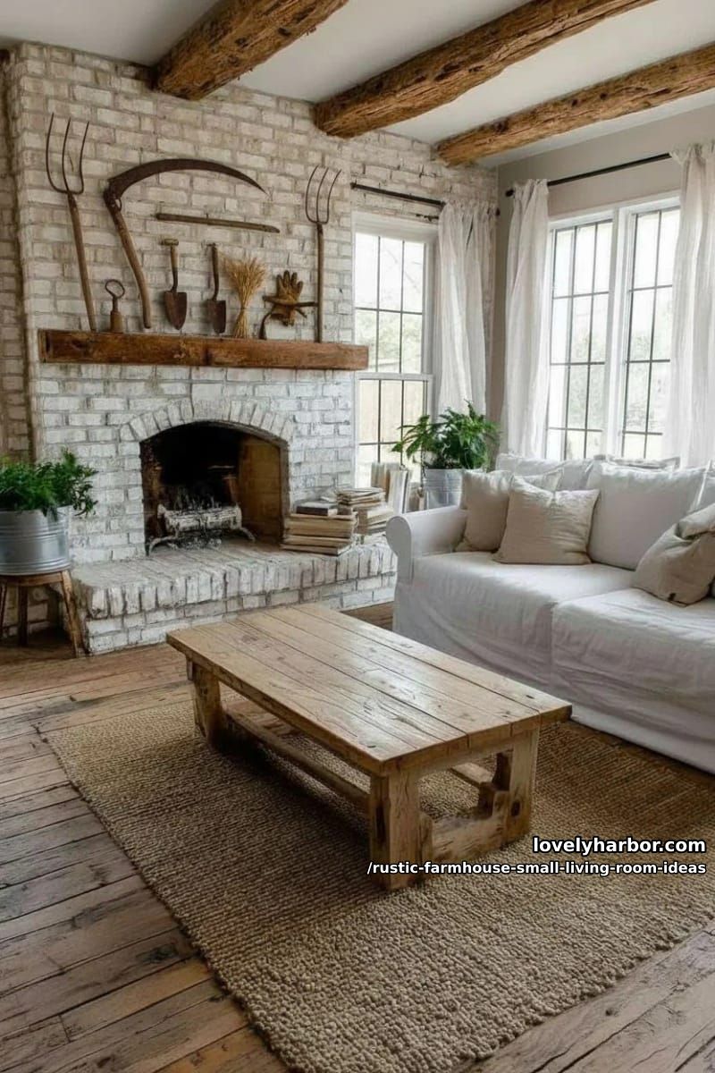 display antique farm tools as sculptural art above the mantel 1