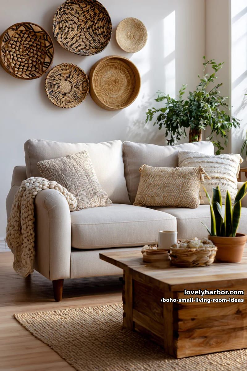 display woven baskets as wall art above a neutral linen loveseat. 1