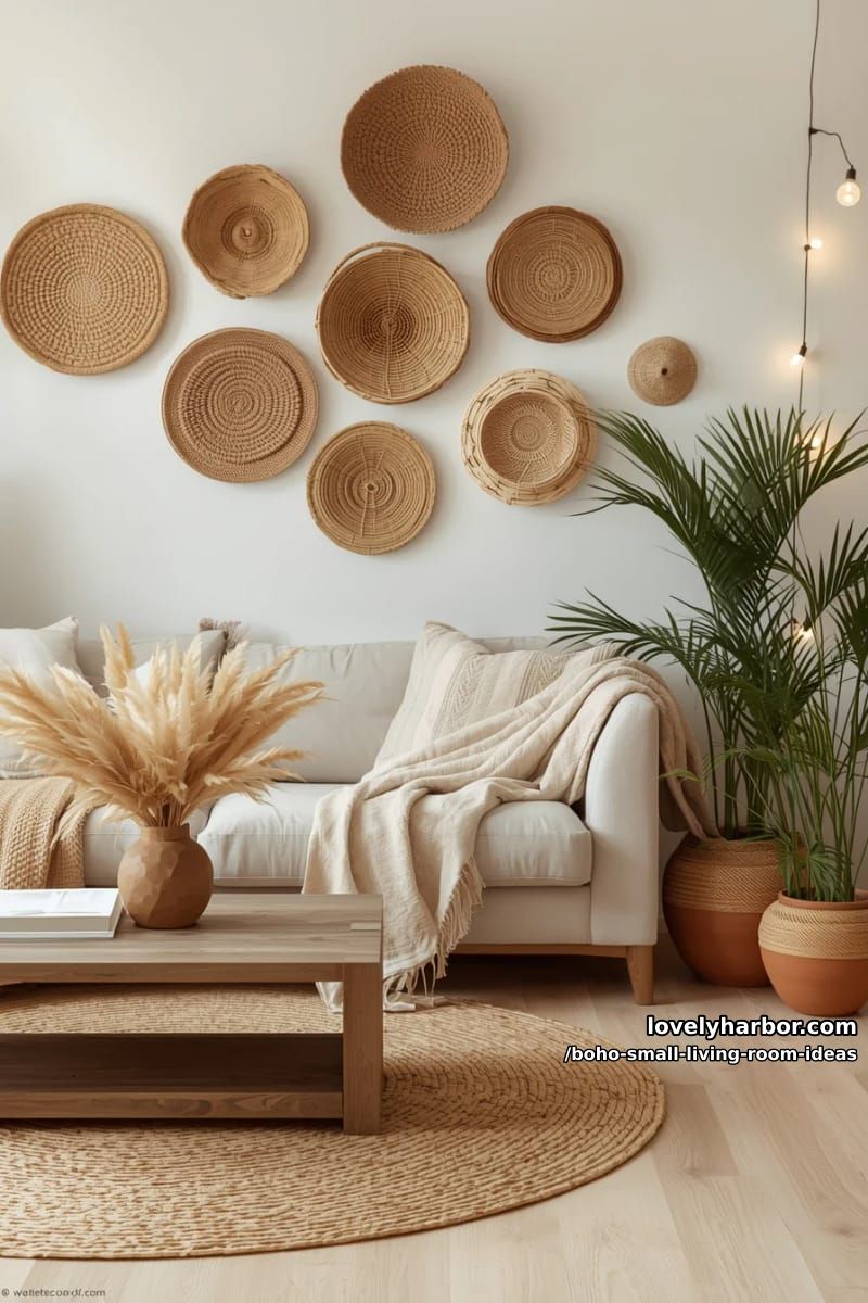 display woven baskets as wall art above a neutral linen loveseat. 1