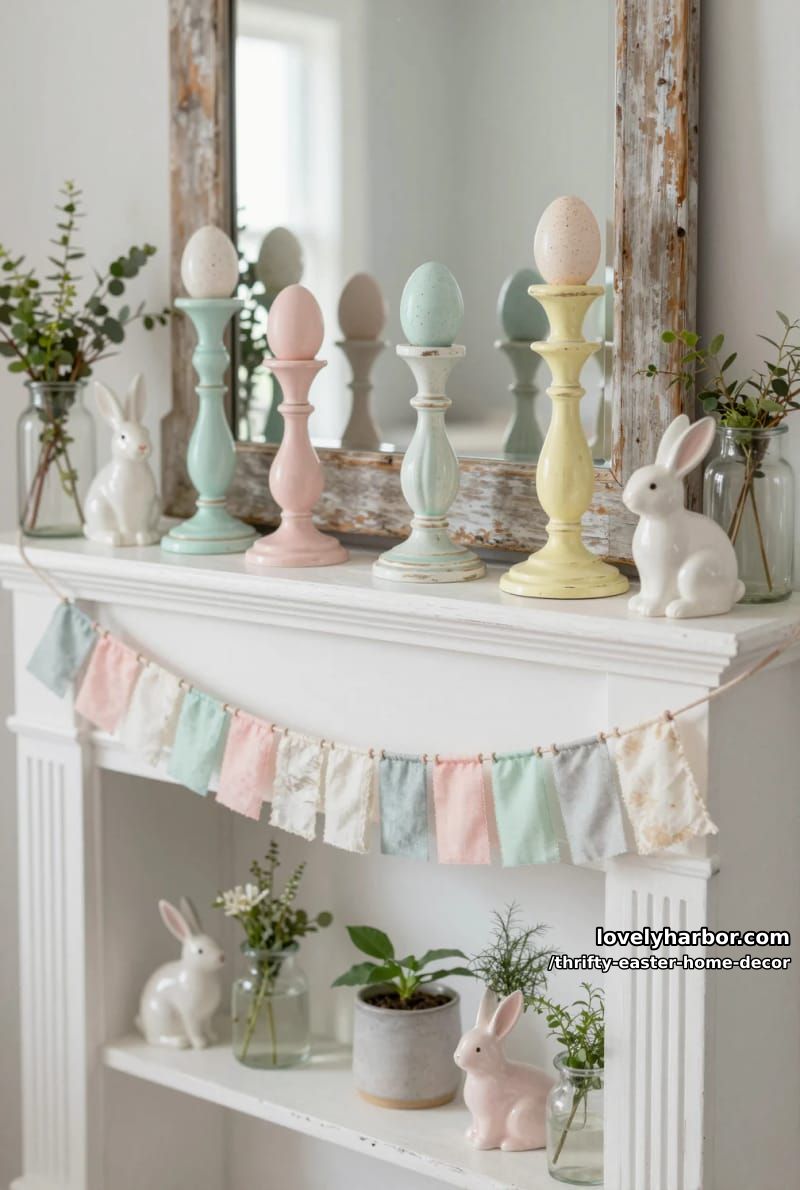 distressed pastel candlesticks with thrifted egg toppers for mantel 1