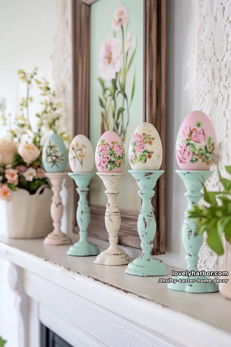 distressed pastel candlesticks with thrifted egg toppers for mantel 1
